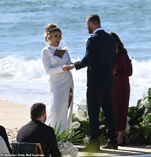 Gia Fleur (left) was exclusively pictured by Daily Mail Australia on Monday wearing a very racy wedding ensemble as she married Aussie reality star Scott McCristal (right)
