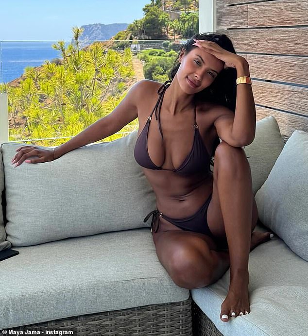 Maya Jama, 30, flaunted her jaw-dropping figure in a tiny bikini before sharing a steamy kiss with boyfriend Ruben Dias amid their sun-soaked Ibiza getaway on Saturday