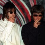 Now Oasis has gone woke, with the band's tell-all documentary is slapped with trigger warnings over 'smoking and drinking' (Liam and Noel Gallagher pictured in 1999)
