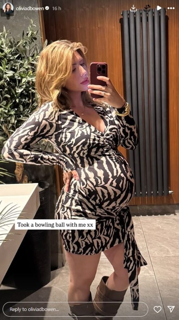 Olivia Bowen showed off her 'bowling ball' bump while out for dinner before sharing a clip of her unborn baby kicking on Instagram on Wednesday