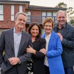 From left to right: Veteran stars Stefan Dennis, Rebekah Elmaloglou, Jackie Woodburne and Alan Fletcher stand alongside each other with pained smiles as they wave goodbye to an era