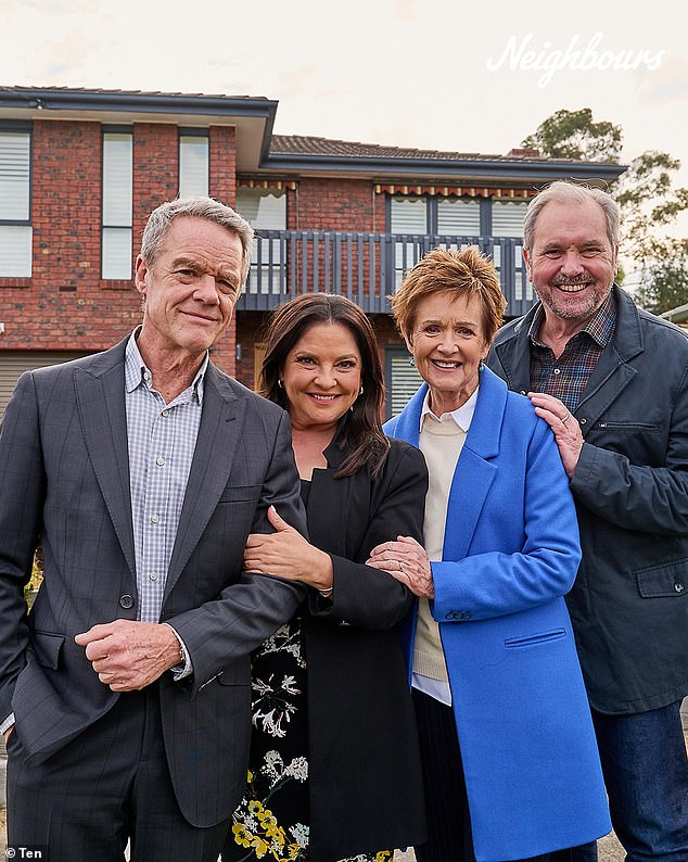 From left to right: Veteran stars Stefan Dennis, Rebekah Elmaloglou, Jackie Woodburne and Alan Fletcher stand alongside each other with pained smiles as they wave goodbye to an era