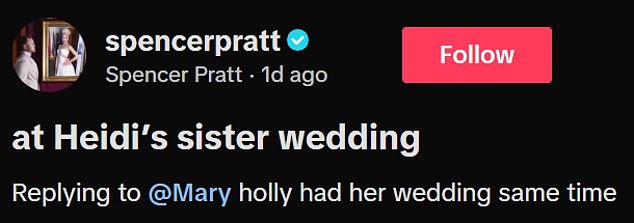 'At Heidi's sister's wedding. Holly had her wedding same time,' Pratt explained in the post.