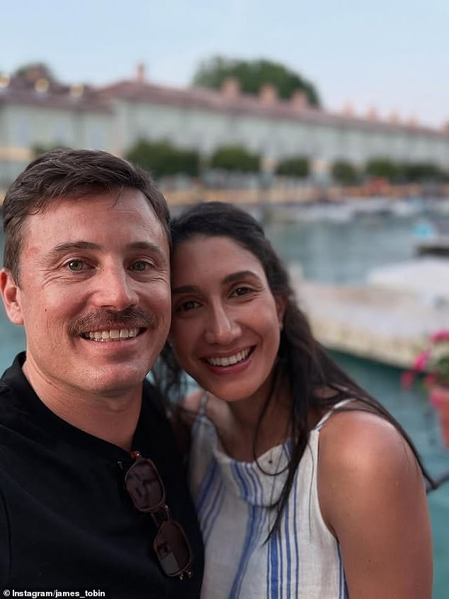James Tobin is going to be a dad, with the Channel Seven star sharing exciting family news alongside his wife Farrah in a heartwarming Instagram post. Both pictured
