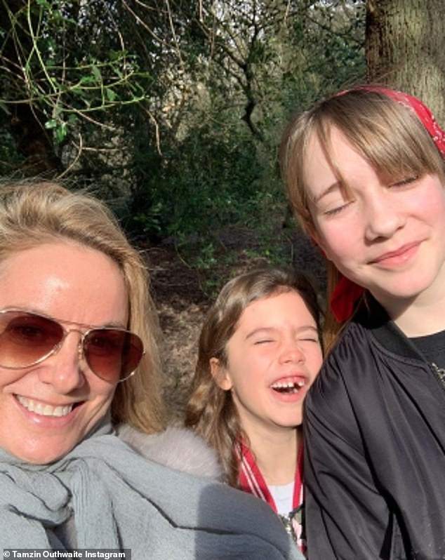 Tamzin Outhwaite has revealed her eldest child Flo, 17, is transgender (pictured with her two children Flo and Marnie, 12)