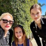 Alice Evans has rejected the claim by her ex-husband Ioan Gruffudd that she asked her children to write unflattering text messages about him [pictured with daughters Ella, 15 (R) and Elsie, 11 (C)]