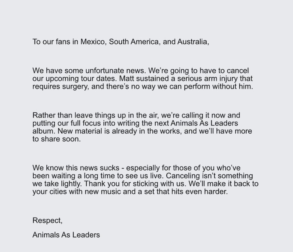 Animals As Leaders Instagram post announcing tour cancellation due to band member's injury.