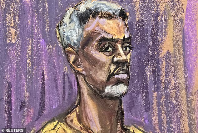 The singer stood during his hearing where he pleaded not guilty; seen in April in this courtroom sketch
