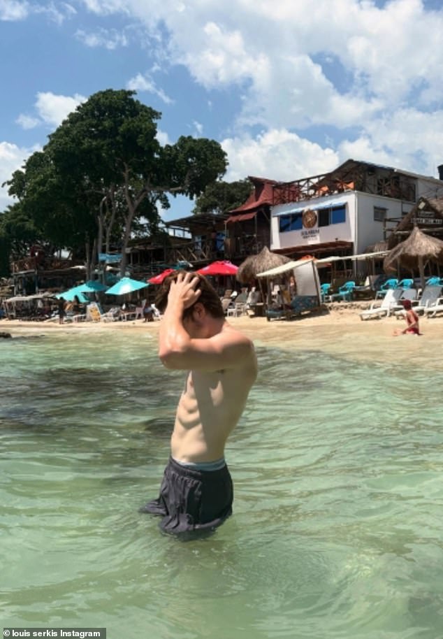 In the photos, the rising star can be seen on a beach in Colombia, wearing nothing but black swim shorts
