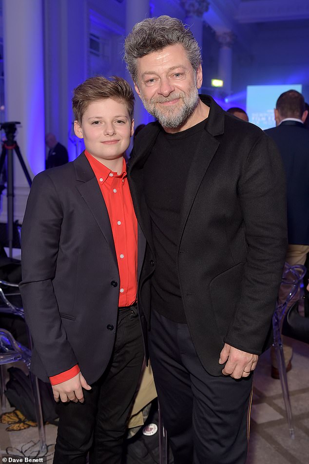 The nepo baby is the son of Andy Serkis, who famously spent hours in a motion-capture suit to transform into Gollum for The Lord of the Rings (Louis and Andy pictured in 2019)